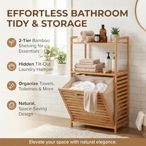 Baveke Laundry Hamper with 2-Tier Shelves & Tilt Out Basket, Laundry Baskets Organizer Hampers Bathroom Storage Shelf for Laundry Room, Bathroom, Nursery, Bedroom, Guest Room (FSC-Certified Bamboo) - color: Natural, size: YSJ01-2T