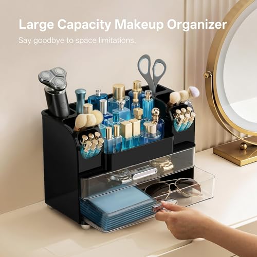 HBlife Makeup Organizer for Vanity with Brush Holder, Cologne Organizer for Men, Large Bathroom Countertop Cosmetic Organizer Skin Care Storage, Easy to Store Lipsticks, Nail Polishes, Perfumes, Black - color: Black