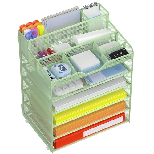 Docnest 6 Tier Mesh Desk Organizer for Paper Office Supplies – Multi-Functional Letter Tray with 5 Adjustable Compartments, 6 Pen Holders, Desktop Storage for Files, Mail, Stationery – Green - color: Green, size: 12.7" x 9.1" x 15.5"