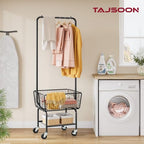 Tajsoon Laundry Cart with Hanging Rack, Metal Laundry Basket with Wheels, Laundry Hamper with Storage Basket and Shelf, Rolling Laundry Cart with Wheels, Black - color: Black