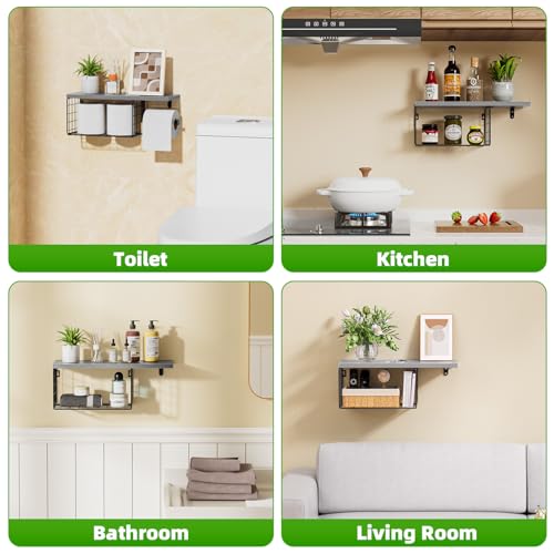 VITVITI Toilet Paper Holder with Shelf, Wall Mounted Toilet Paper Storage Basket, Wood Metal Toilet Roll and Wipes Holder for Bathroom Farmhouse (Gray) - color: Gray
