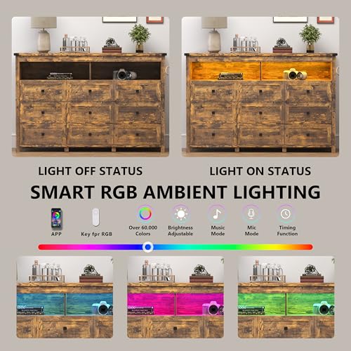 Dresser for Bedroom with 9 Drawers, Wide Chest of Drawers with LED Light and Power Outlet, Wooden Closet Organizer Clothes Storage Cabinet, Modern Double Dressers for Living Room, Hallway, Brown - color: Brown, size: 15.8"D x 59.1"W x 39.4"H (9 Drawers)