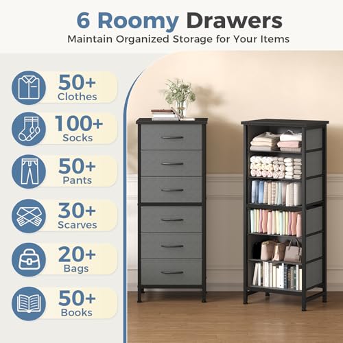 DUMOS 6 Drawers Dresser for Bedroom with Wheels, Fabric Storage Cabinet Organizer with Removable Fabric Bins, Sturdy Steel Frame for Living Room, Office, Entryway, Closets, Grey - color: Grey, size: 11.8"D x 15.7"W x 39.4"H (6 Drawers)