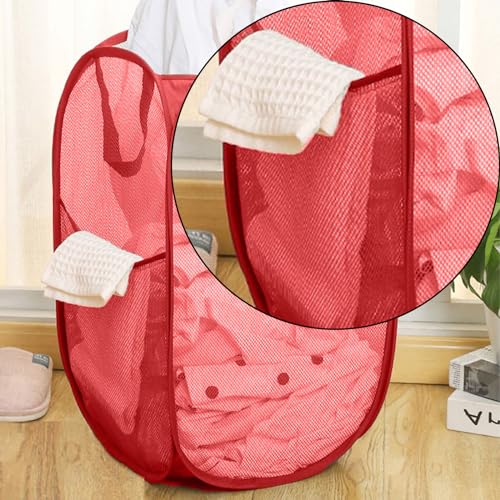 Larpur Popup Mesh Laundry Basket, Collapsible and Portable Clothes Washing Laundry Hamper with Reinforced Carry Handle (Red) - color: Red