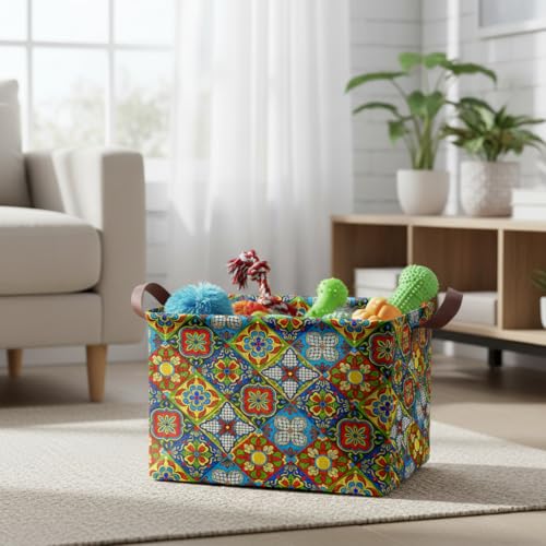 Mexican Talavera Decor Storage Basket Waterproof Canvas Toy Storage Bin Mexican Decor For Home Collapsible Outdoor Basket with Leather Handles Mexican Gifts Blanket Baskets For Closets,Bedrooms - color: Mexican Talavera Decor