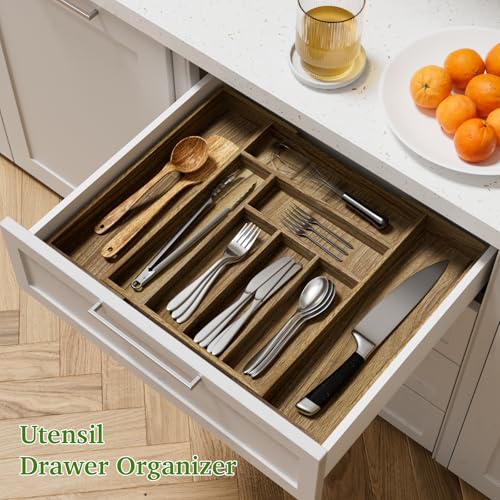 Kiasthome Acacia Wood Kitchen Silverware Drawer Organizer, Expandable Utensil Cutlery Drawer Organizer with Dividers, Flatware Organizer Silverware Tray for Spoon, Fork, 13''-21''x16.9'' (6-8 Slots) - size: 8 Slots Expandable
