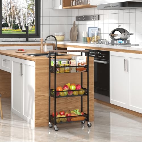 XYZLVSI Slim Storage Cart 4 Tier Narrow Kitchen Rolling Cart on Wheels for Small Space, Mobile Utility Cart Shelving Unit with Wooden Top and Metal Handle for Kitchen, Bathroom, Laundry Room - size: 16.7"Dx7.1"Wx34"H