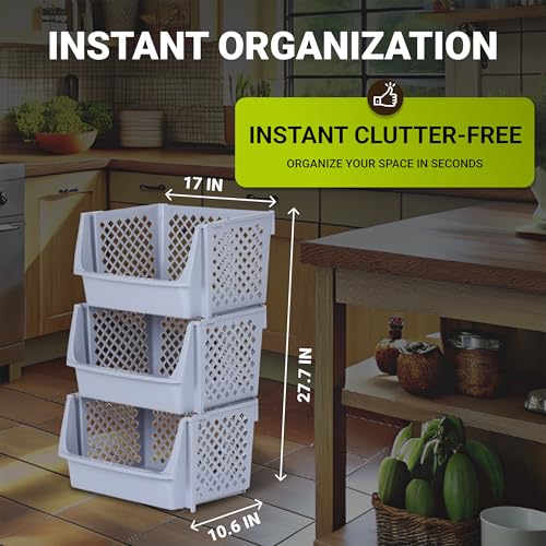 TidyFriend 3 Pk XLarge Stackable Storage Bins Open Front for Pantry Organizers & Storage, Pantry Storage for Food, Kitchen & Home Organization, Plastic Storage Bins, Dorm Room Essentials (Light Grey) - color: Light Grey, size: 3 Pack - Xlarge