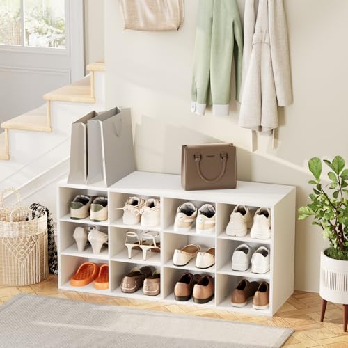 Aenuert 12-Cubby Shoe Rack, 3-Tier Wood Shoe Organizer, Multifunctional Shoe Organizer Bench for Entryway, Mudroom, Hallway, Closet,36.22 * 11.81 * 17.72 Inch,White - color: White, size: 12-cube 3-tier