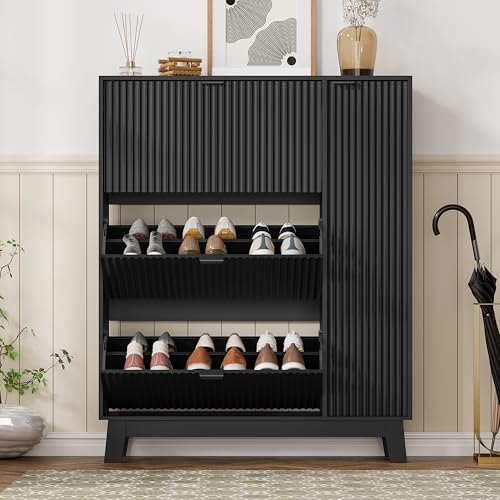 Shoe Cabinet Storage for Entryway with 3 Flip Drawers & Side Cabinet, Fluted Narrow Shoe Organizer with Wooden Leg, Freestanding Shoe Storage Hidden Shoe Rack Organizer for Front Door Entrance, Black - color: Black, size: 3 Drawer with Door