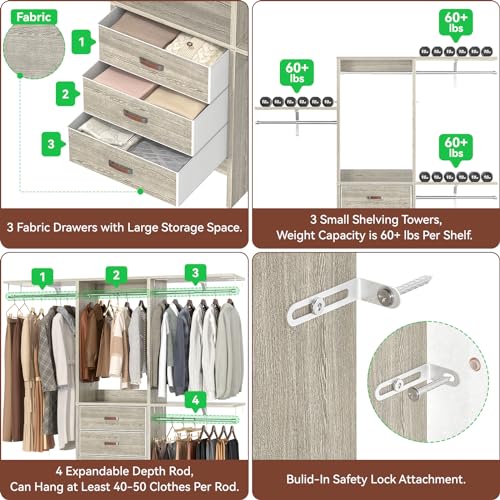 Armocity 5FT Small Closet System with 3 Fabric Drawers, 60'' Walk In Closet Organizer System With 3 Adjustable Shelves, Heavy Duty Clothes Rack Built-In Garment Rack, 59" L x 16" W x 71"H, White Oak - color: White Oak