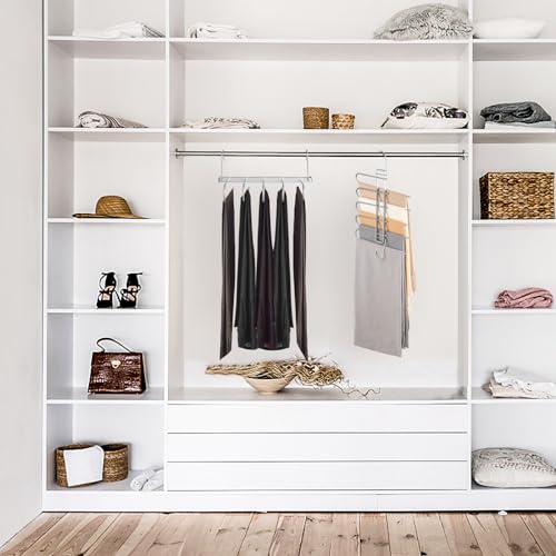 Pants Hangers Space Saving,Closet Hangers 5 Layers 2 Uses Multi Functional Pants Rack,Metal Heavy Duty Wardrobe Organizer Racks for Clothes Trousers Scarves Ties (2Pack Silver) - color: 2pack Silver