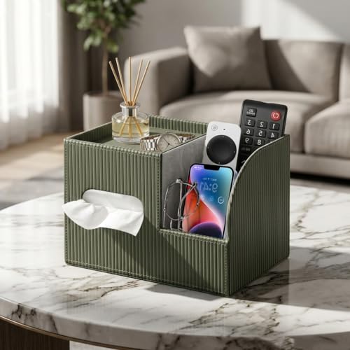Modern PU Leather Cube Tissue Box Cover with Storage Tray, Multifunctional Remote Control Holder & Facial Tissue Dispenser Organizer for Nightstand, Bathroom, Bedroom, Office & Home Decor - color: Green