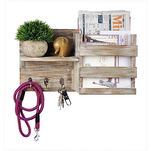 Spiretro Rustic Wooden Wall-Mounted Key Hooks Holder & Mail Sorter | Farmhouse Decor | 3 Metal Hooks & Small Shelf | Natural Torched Wood | Easy Installation - color: Grey Organizer & Wood shelf