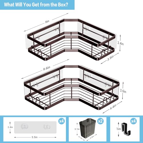 AKTECKE Shower Caddy Corner Organizer: 2Pack Adhesive Shower Shelf Essentials - No Drilling Stainless Steel Bathroom Storage Rack with Hooks and Toothpaste Holder - Shower Accessories - color: bronze, size: 9.6"×9.6"×2.6"
