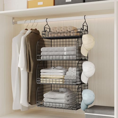 HapiRm Hanging Closet Organizer Storage - 4 Tier Metal Stackable Hanging Closet Shelves with Dividers and S Hooks, Foldable Clothes Shelves for Clothes, Pants, Shoes, Coat, Hats Clutches Accessories - color: Black, size: 4-Tier