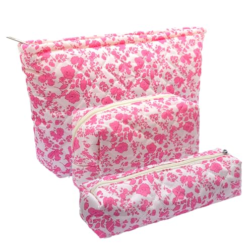 3 Piece Pink Quilted Floral Makeup Bag Set Small Cosmetic Bag For Women Cute Cotton Makeup Pouch For Purse - color: New 3Pcs pink