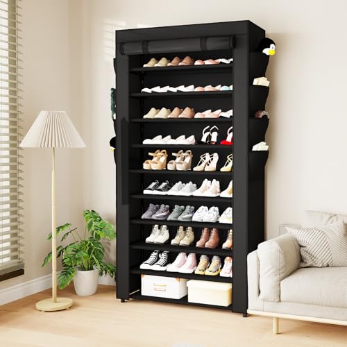 Mavivegue Shoe Rack with Cover, 10+1 Tier Tall Shoe Storage for 50-55 Pairs of Shoes, Shoe Organizer for Entryway, Closet - color: Black, size: 10-Tier-Large