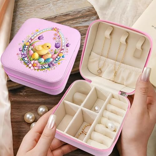 Flower Pattern Portable Print Jewelry Box, 1pcs Pink Compact Jewelry Box Travel Jewelry Case Organizer Bag Storage Box Jewelry Holder For Necklace Earrings Rings Bracelet - color: Easter flower
