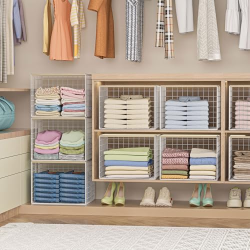Extra-Long Closet Organizers and Storage with Top Board, 3 Pack Stackable Closet Shelf Organizer, Double Storage Design, Clothes Storage Cube/Bin/Basket for Wardrobe, Space-Saving, White,Sturdy,Metal - color: WHITE, size: 15.74"（L）*12"（W）*12.2"（H）