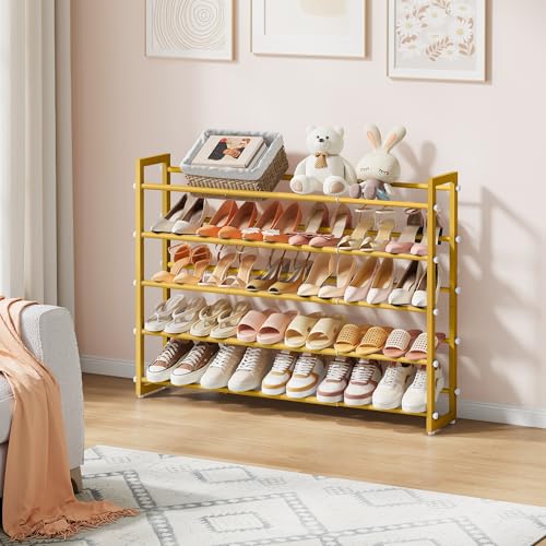 FAVOOSTY 3-Tier Expandable Shoe Rack, Adjustable Shoe Shelf Storage Organizer Space Saving Metal Free Standing Shoe Rack for Entryway Closet Doorway, Silver Grey (Gold, 5 Tier) - color: Gold, size: 5 Tier