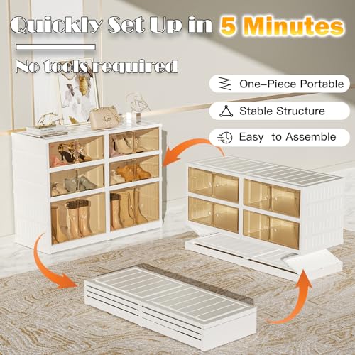3-Tier Portable Shoe Rack Organizer for Closet, 12 Pairs Shoe Container Bins, Clear Plastic Collapsible Shoes Storage Box, Stackable Sneaker Storage Shoe Cabinet with Door - size: 3 Tiers - 12 Pairs
