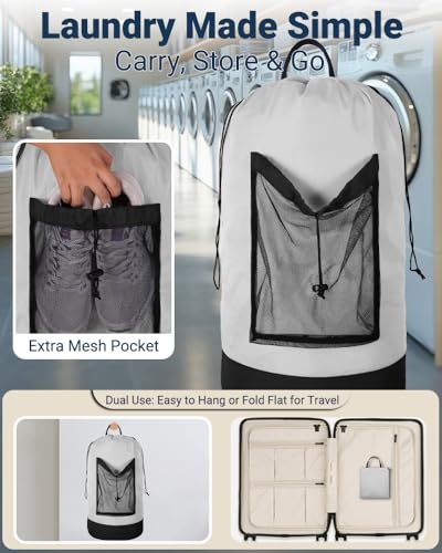 Laundry Bag with Shoulder Straps and Mesh Pocket Laundry Backpack Large Portable Laundry Hamper for College Laundromat Apartment - color: White & Black