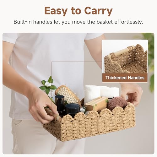 StorageWorks Toilet Paper Basket 2 Pack, Back of Toilet Basket with Wooden Handles, Small Wicker Decorative Scalloped Baskets for Organizing, Bathroom Storage, Brown Rope Baskets - color: Paper Rope(Brown), size: 14" L × 6¼" W × 4" H