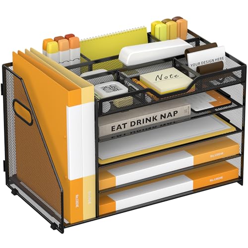 5 Tier Paper Letter Tray with File Holder and 3 Drop-in Pen Holders, Mesh Desk File Organizer with Handle, Desk Organizers and Accessories for School,Home, Office Supplies Storage-Black - color: Black, size: 15.4" x 9.1" x 10.3"