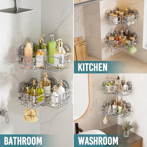 TAILI Corner-adaptive Suction Cup Shower Caddy 2 Pack, Stainless Steel Rustproof Corner Shower Shelves, Drill-Free Wall Mounted Baskets, Large Capacity, Removable Suction Cup Bathroom Organizer, Gray - style: Corner-adaptive, Grey