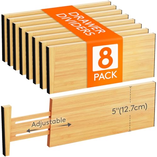 Lifewit 5" High 8 Pack Bamboo Drawer Dividers 33-42cm/13-16.5" Adjustable Wooden Drawer Organizer for Clothes/Utensils, Expandable Drawer Separator for Dresser/Kitchen/Bedroom/Office Organization - size: 5"H, 13-16.5"L