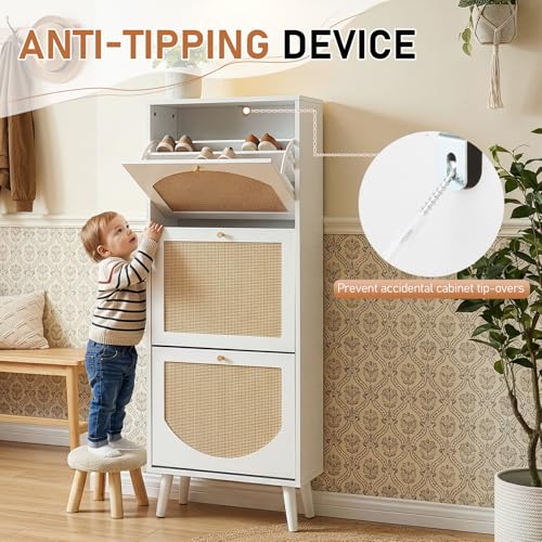 Karl home Shoe Rack Storage Organizer, Rattan-Panel 3-Tilt-Out Shoe Storage Cabinet, Hidden Shoe Storage for Entryway,Ideal for Heels,Slippers,Casual Shoes, White - color: White, size: 3-Tilt-Out