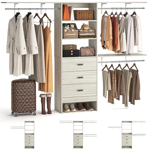 iSunirm 8FT Closet System, 96'' Closet Organizer System with 3 Hanging Rods, Wall Mount Bedroom Wardrobe with 3 Drawers Walk-in Closet, Adjustable Garment Rack from 5 to 8FT(Cut to Fit), White Oak - color: White Oak