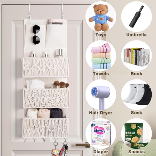 ANTIS'S HOME Over The Door Organizer Boho Bedroom Decor Nursery Storage with 3 Large Woven Pockets, Macrame Nursery Organizers and Toys Storage, Behind Door for Bathroom, Beige Back of Door Organizer - size: Beige-3 Pockets