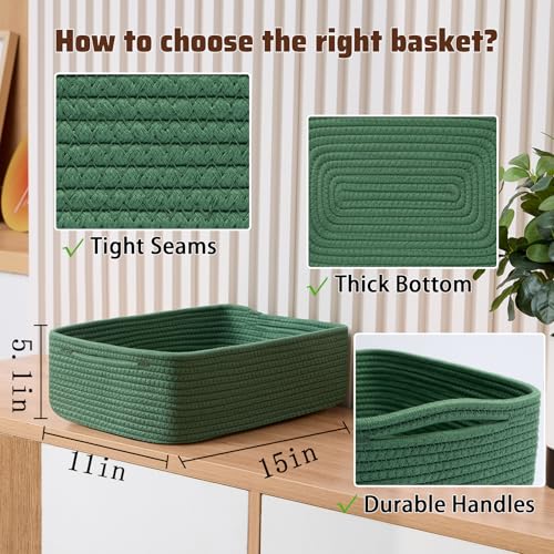 MiniArk Large Shallow Organizing Baskets 15x11x5.1 Inches - Rope Woven Storage Bins for Bathroom, Shelves, Cube Closet, Green 2 Packs - color: Green, size: 2pcs-L15×W11×H5.1"