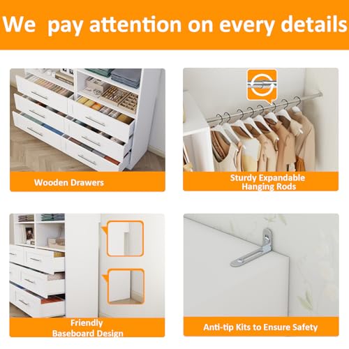 Closet System with 6 Wooden Drawers, 6.5-16FT Corner Closet Organizer System for Walk in Closet, Heavy Duty Modular Closet Systems, Built-in Shelving System with 7 Hanging Rods, 3-Piece Set - color: SL070909