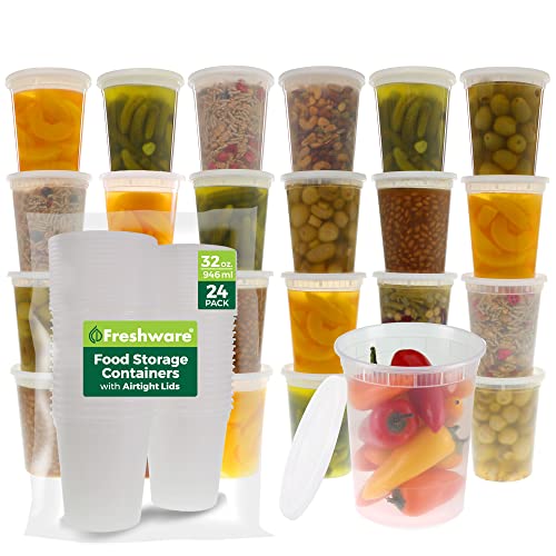 Freshware Food Storage Containers [24 Set] 32 oz Plastic Deli Containers with Lids, Slime, Soup, Meal Prep Containers | BPA Free | Stackable | Leakproof | Microwave/Dishwasher/Freezer Safe - size: 32 oz - 24 Sets