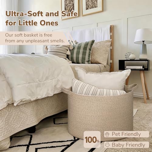 INDRESSME XXXLarge Blanket Basket for Living Room 21.7" x 21.7" x 13.8"-Storage Basket with Handle for Organizing Toy Pillows Woven Wicker Laundry Basket Stuffed Animal Toy Storage for Play Room - color: Light Brown, size: 21.7"D x 13.8"H