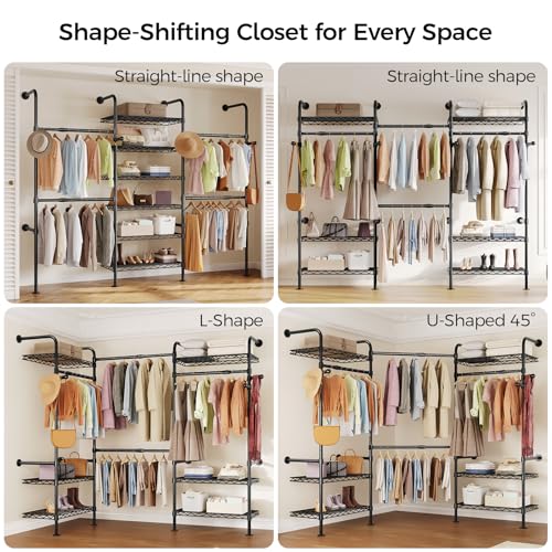 Closet Organizers and Storage, 3-Row Heavy Duty Garment Rack Clothes Rack for Hanging Clothes, Wall Mounted Closet System with 4 Telescopic Rods, 4 Hooks, 6 Shelves for Wardrobe, Bedroom, Small Space - style: 3-Row