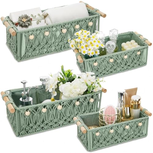 Vesici 4 Pcs Green Macrame Storage Basket for Shelves 13 in 11 in Boho Storage Basket Hand Woven Boxes with Wood Handles Beads Decorative Countertop Toilet Tank Cabinet Organizer for Home Room Decor - color: Green