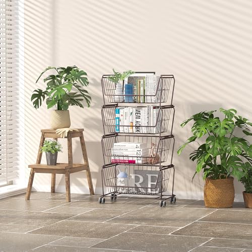PUSDON 4-Tier Large Stackable Wire Storage Baskets with Wheels, Metal Rolling Utility Cart Organizer, Produce Basket for Kitchen Pantry, Floor Shelf, Vintage Bronze - color: Vintage Bronze, size: 4 Tier Plus
