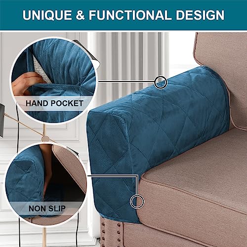 Non-Slip Sofa Armrest Protector,Thick Velvet Armrest Covers for Chairs and Sofas Couch with Side Pocket,Armrest Storage Organizer,Washable Arm Covers for Dogs，Set of 2 (Peacock Blue) - color: Peacock Blue