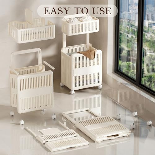Leinuosen Foldable 2-tier Plastic Laundry Basket with Wheels and Handle 43.8 L Double Collapsible Laundry Hamper Multi-function Portable 2 Section Sorter for Bathroom Dorm Bathroom Storage