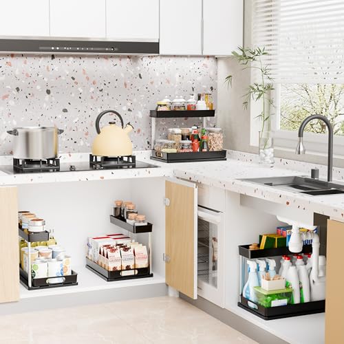 Yieach 2 Pack 10.8″ High Pull Out Under Sink Organizer,14.5″ Deep 2 Tier Slide Out Cabinet Organizer for Kitchen Cabinet,Undersink Organizers,Under Sink Shelves,Bathroom Organizers and Storage,Black - color: Black