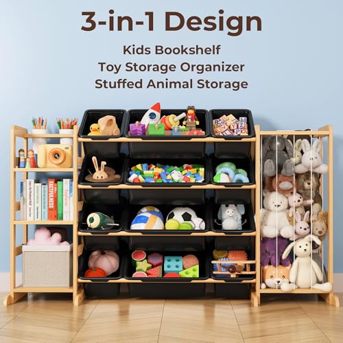 Toy Storage Organizer with Bookshelf and Stuffed Animal Storage - Kids Playroom Organization with Shelves and 12 Toy Bins - Toddler Living Room Toy Box for Lego - Nursery Bedroom Decor Essentials - color: Black, size: 55.2"W,3 Shelves,12 Bins
