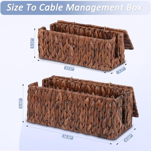 efluky 2 Pack Hand-Woven Cable Management Boxes, Water Hyacinth Cord Organizer Box with Lid, 2 Open Slots Cable Organizer Basket to Hide Power Strip and Charger for Home & Office and Dorm,Brown - color: Brown