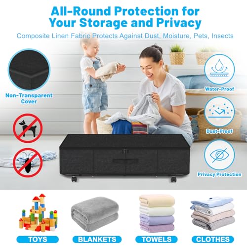 Large Sturdy Under Bed Storage with Wheels, 2 Pack 50L Rolling Underbed Storage Bins, Under Bed Containers Drawer with Metal Bottom Support, Bedroom Organizer with Lids for Clothes, Shoes, Blankets - color: Black-2 Pack, size: 9 Inch Tall - Regular Lid