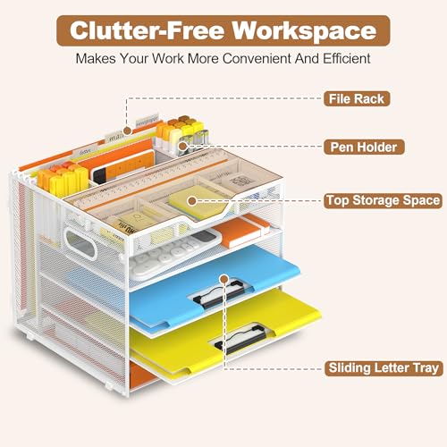 Docnest 5 Tier Letter Tray with Hanging File Organizer-Mesh Desk Organizer-Desktop Storage Box Built in Pen Holder and Handles, File Folder Holder for Mail Documents Office Supplies-White - color: 5 Tier Hanging File Organizer-White