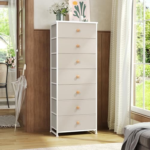 Crestlive Products Tall Dresser, 7-Drawer Fabric Storage Tower, Chests of Drawers - Vertical Organizer Unit for Bedroom, Hallway, Entryway, Nursery, Closets - Steel Frame, Wood Top & Handles (Beige) - color: Beige, style: Narrow-7 Drawers