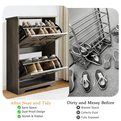 Shoe Storage Cabinet with 2 Flip Drawers, Farmhouse Shoe Organizer with Barn Door Design, Space-Saving Hidden Narrow Shoe Rack Cabinet for Entryway, Hallway & Foyer, Grey - color: Grey, size: 2 pcs-2 Flip Drawers